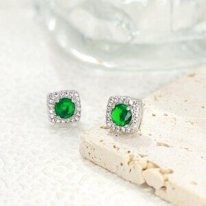 Women's Green Square Simulated Dainty Diamond Halo Sparkling Stud Earring